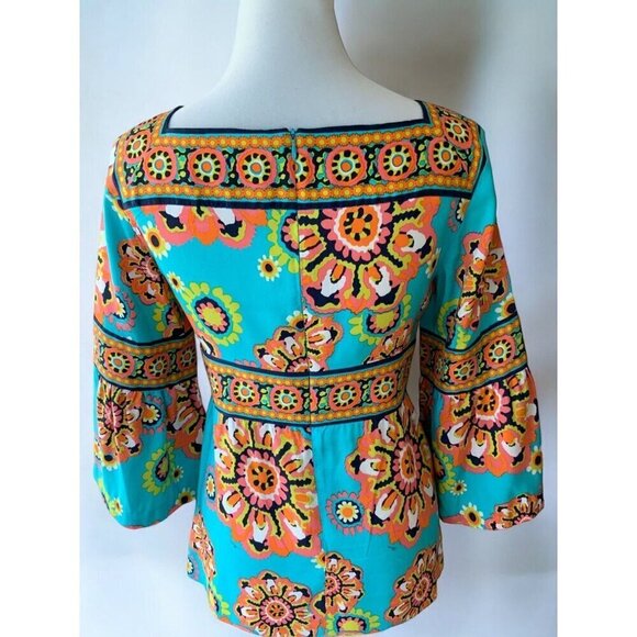 Trina Turk Silk Turquoise Gypsy Medallion Blouse Quarter Peplum Sleeve Size 4 - Picture 3 of 9